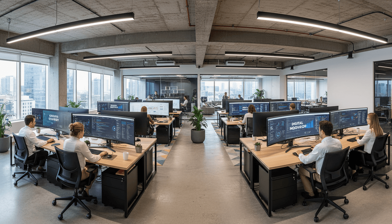 Marketing team working in a modern office with analytics dashboards on large monitors