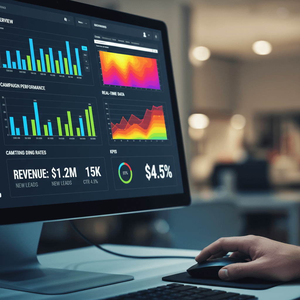 digital advertising dashboard with graphs and analytics on a computer screen
