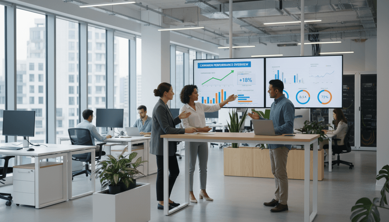 marketing team reviewing campaign data on laptop in a modern office