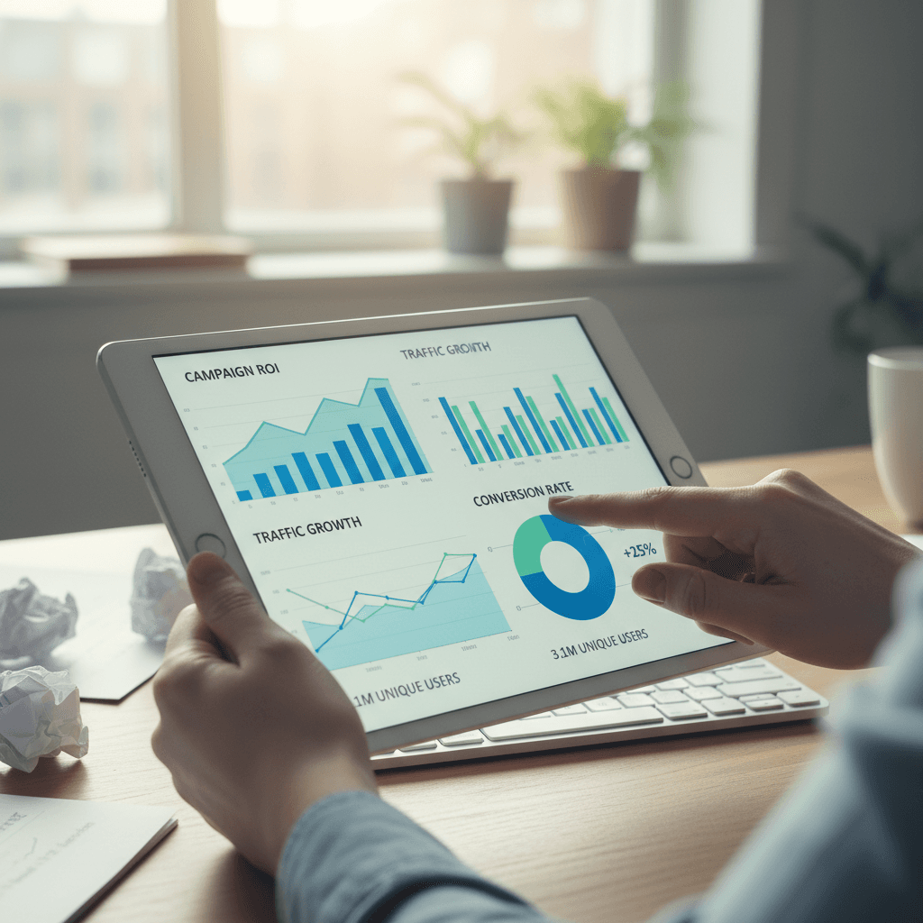 Digital marketing team reviewing analytics dashboard on computer in modern office