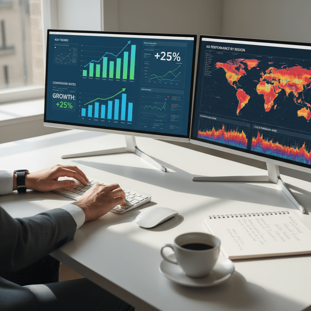 professional media buyer analyzing metrics on multiple monitors in a bright office