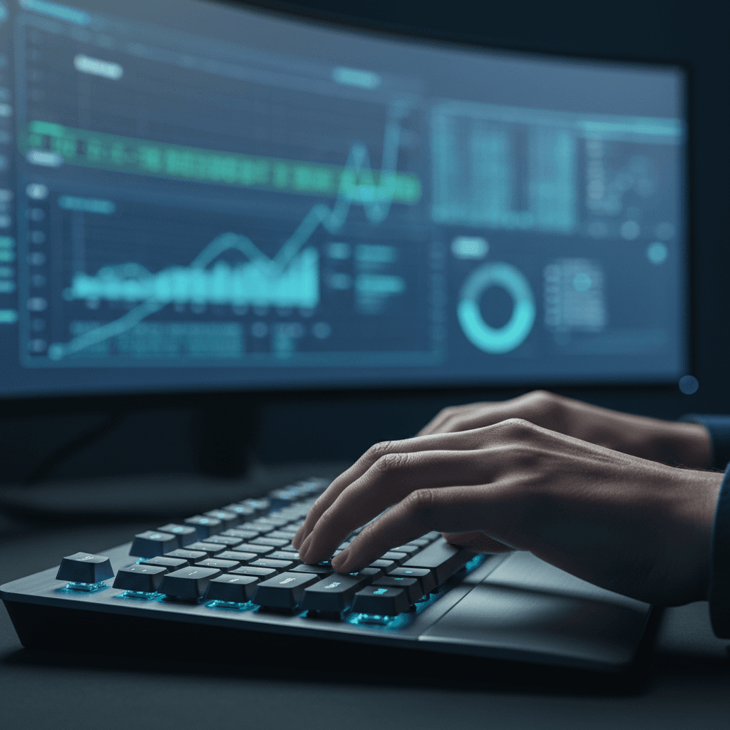 close up of hands typing on keyboard with performance reports on a desk