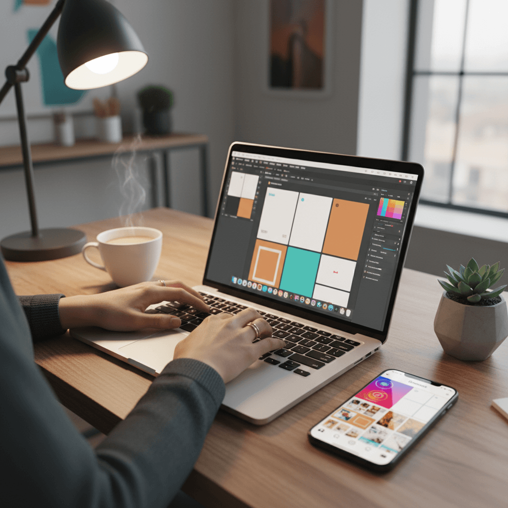 copywriter creating social media content at a clean desk with a notepad