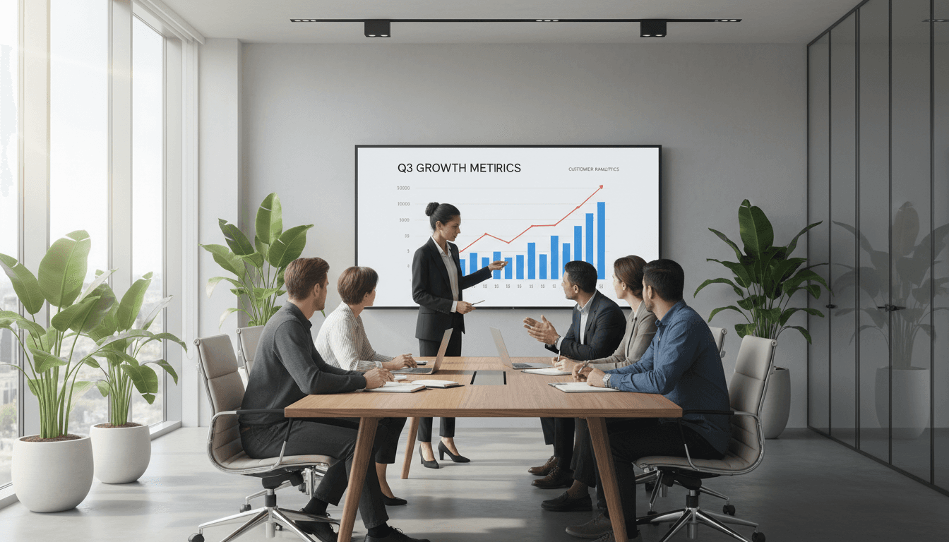 business team in strategy meeting discussing growth charts in a conference room