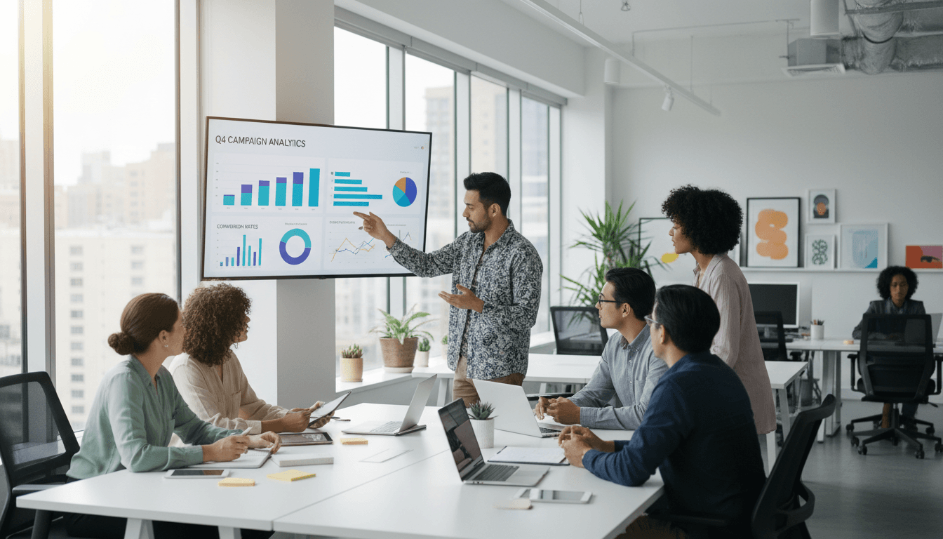 Marketing team reviewing growth analytics on a dashboard in a modern office